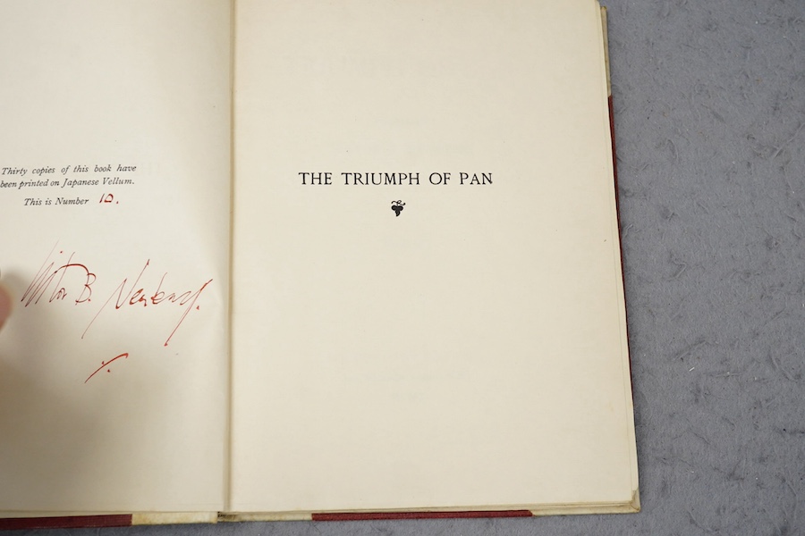 Neuberg, Victor, B. - The Triumph of Pan, London, The Equinox, 1910, 10 of 30 copies on Japanese vellum signed and numbered by the author, presentation inscription from the author to Edward Scott of Hove, 1911.